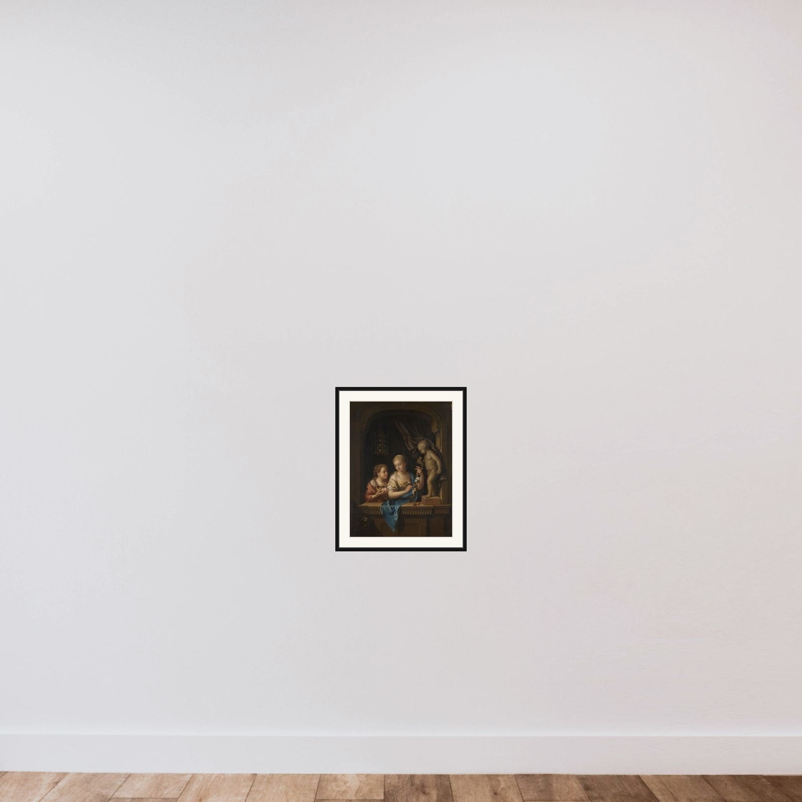 Two Girls with Flowers by a Statue of Cupid framed — shown to scale