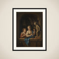 Two Girls with Flowers by a Statue of Cupid framed