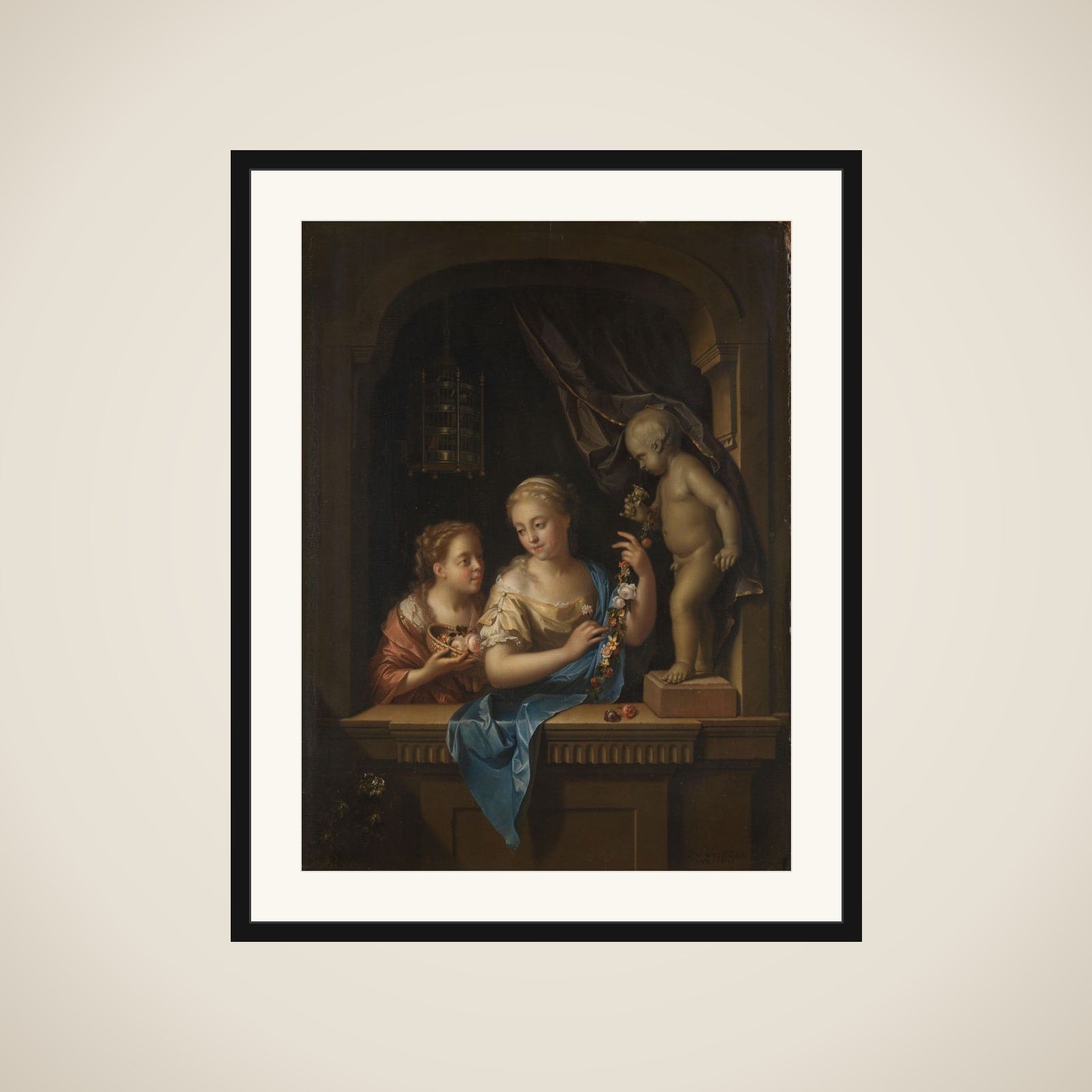 Two Girls with Flowers by a Statue of Cupid framed
