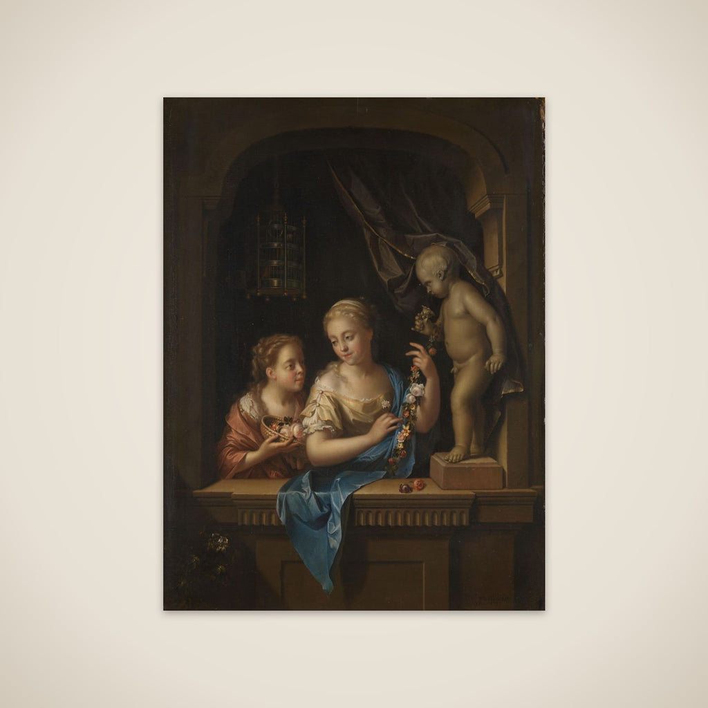 Two Girls with Flowers by a Statue of Cupid unframed print