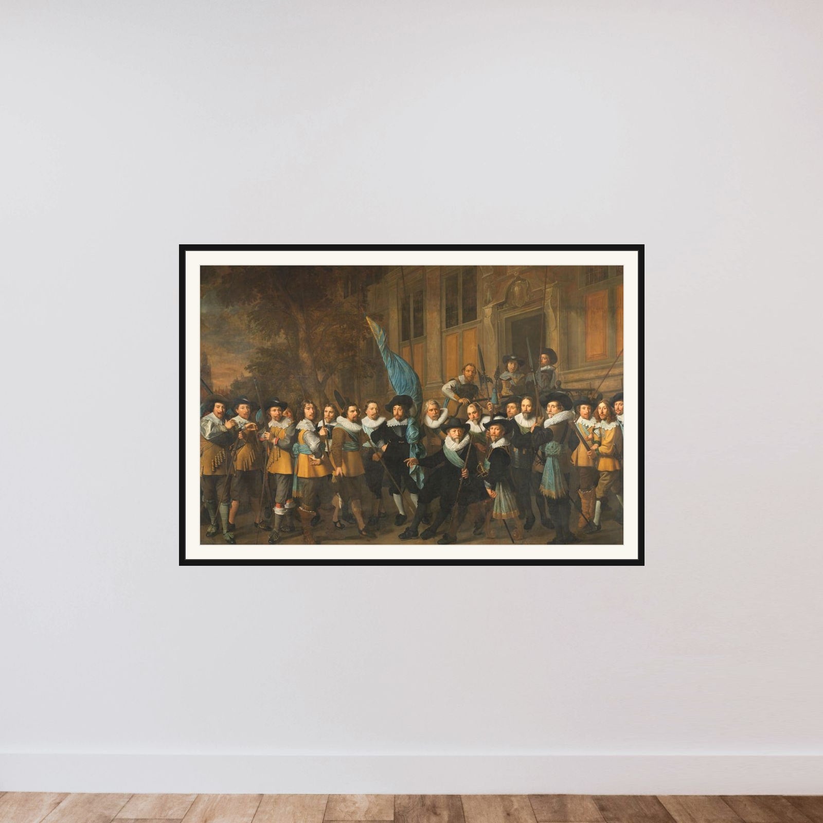 Officers and Other Civic Guardsmen of the IVth District of Amsterdam, under the Command of Captain Jan Claesz van Vlooswijck and Lieutenant Gerrit Hudde framed — shown to scale