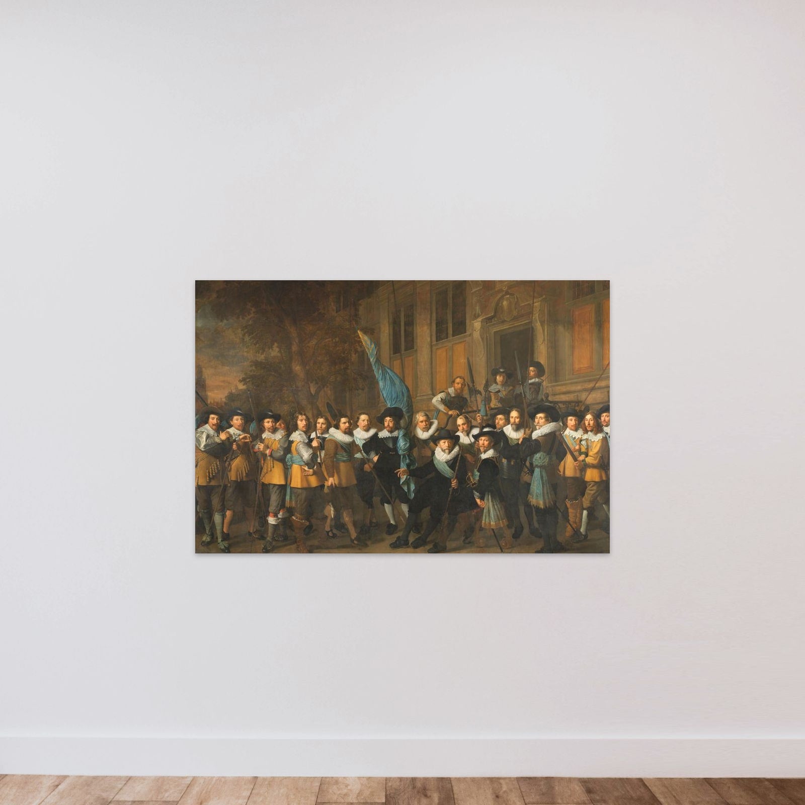 Officers and Other Civic Guardsmen of the IVth District of Amsterdam, under the Command of Captain Jan Claesz van Vlooswijck and Lieutenant Gerrit Hudde unframed — shown to scale