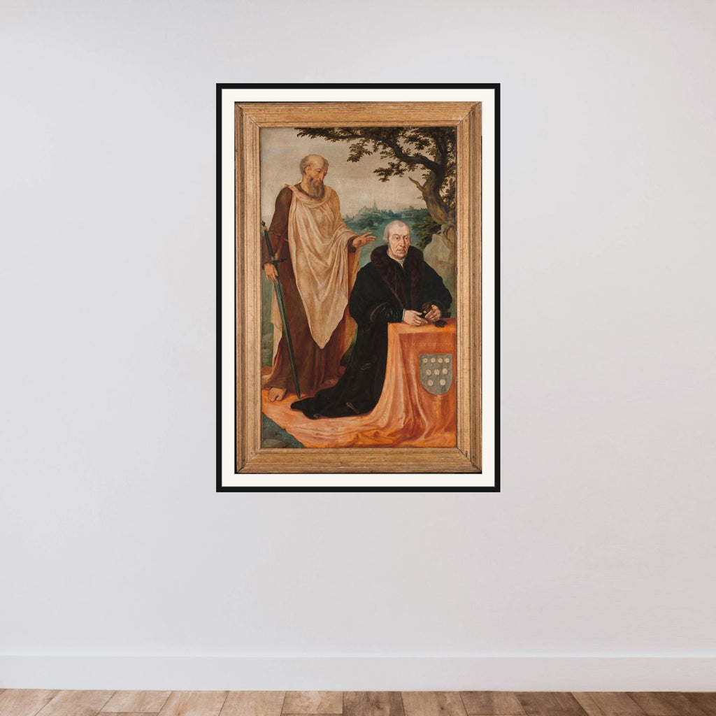 Left Wing of a Triptych: the Donor Matelief Dammasz. and St Paul (front) and the Erythraean Sibyl (back) framed — shown to scale