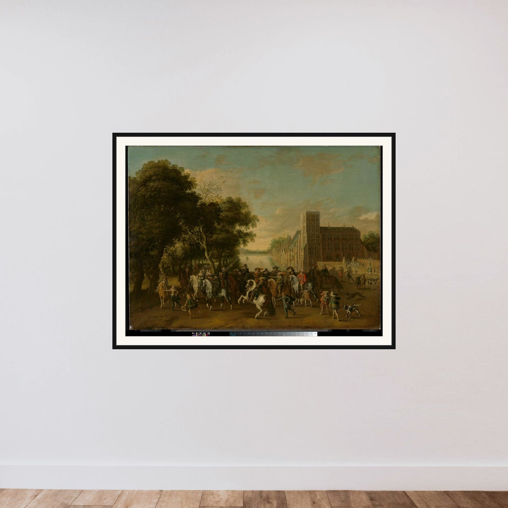Prince Maurits, Accompanied by Prince Frederik Hendrik, Frederick V of Bohemia and his Wife Elizabeth Stuart, and Others, on the Buitenhof, The Hague framed — shown to scale
