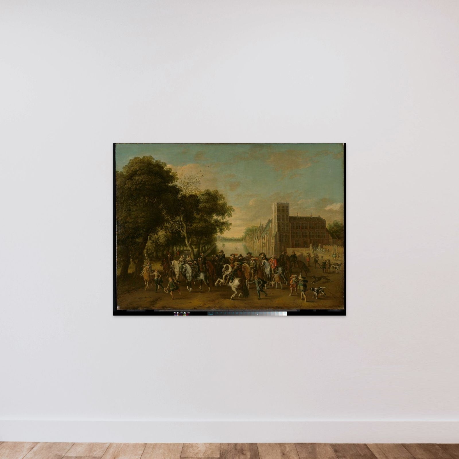 Prince Maurits, Accompanied by Prince Frederik Hendrik, Frederick V of Bohemia and his Wife Elizabeth Stuart, and Others, on the Buitenhof, The Hague unframed — shown to scale