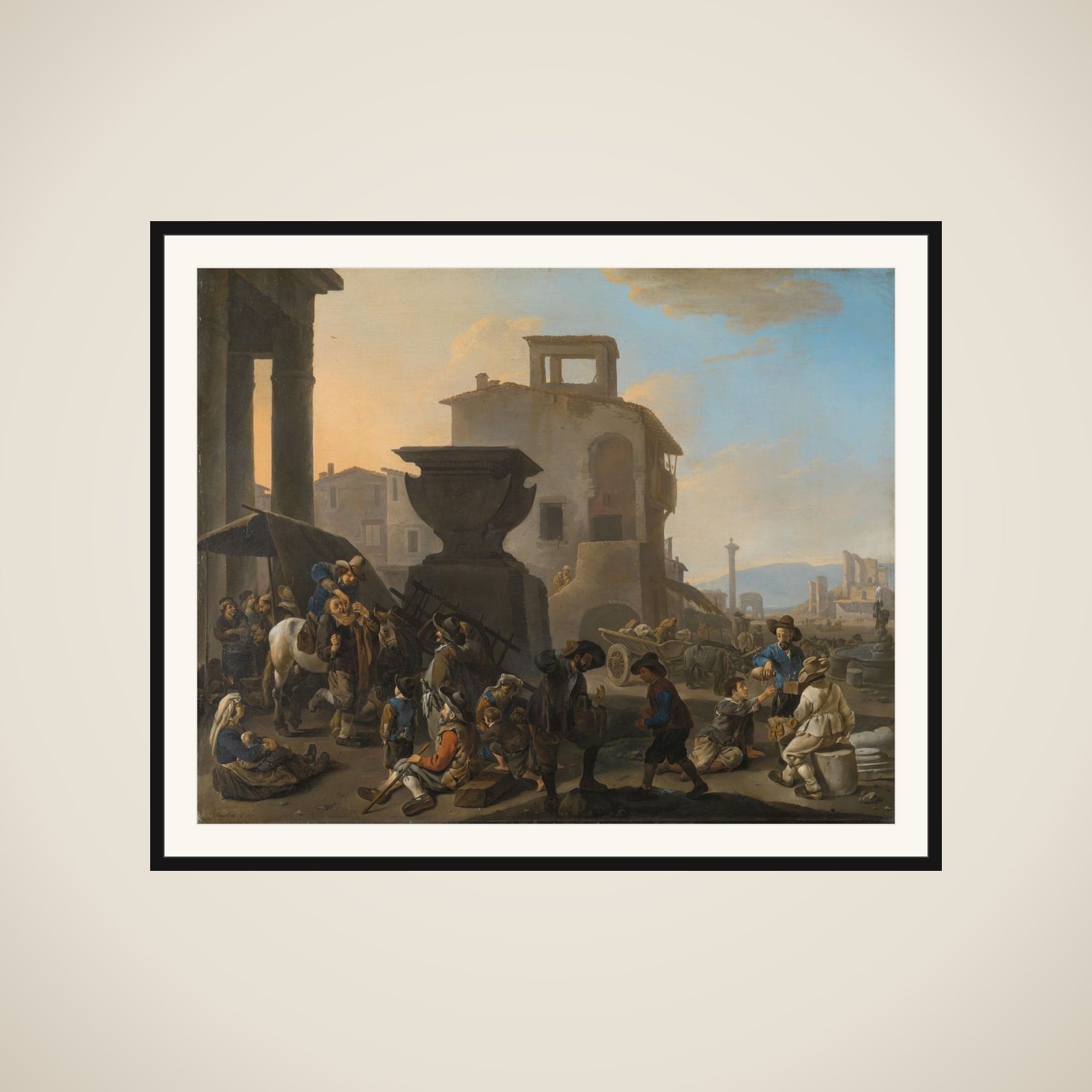 Marketplace in an Italian Town, with an Itinerant Toothpuller framed