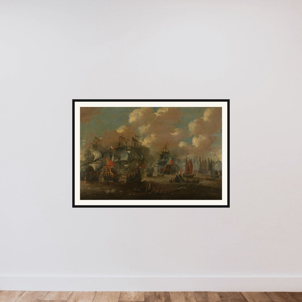 The Battle of the Sound with the Eendracht Engaging Two Swedish Warships, 1658 framed — shown to scale