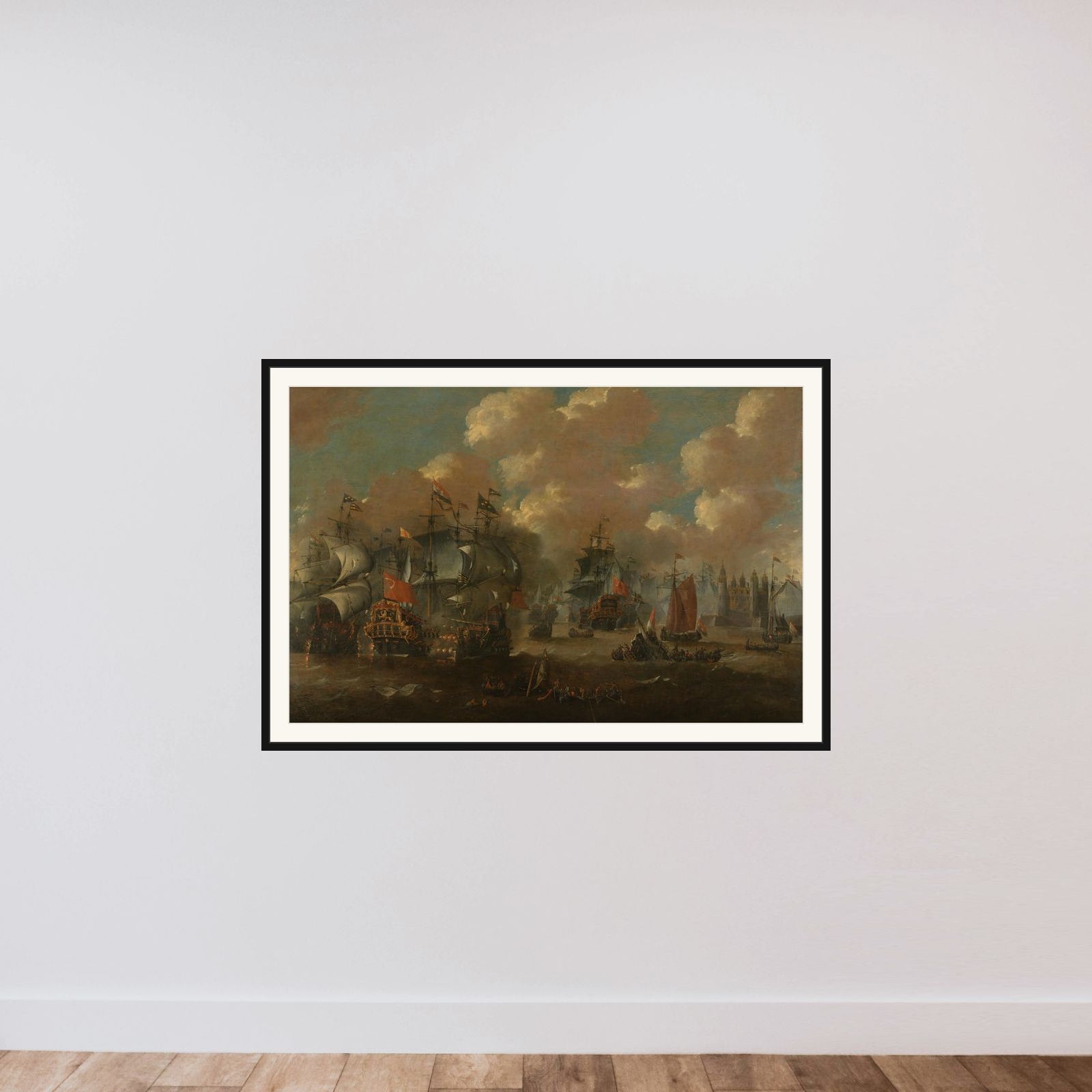 The Battle of the Sound with the Eendracht Engaging Two Swedish Warships, 1658 framed — shown to scale