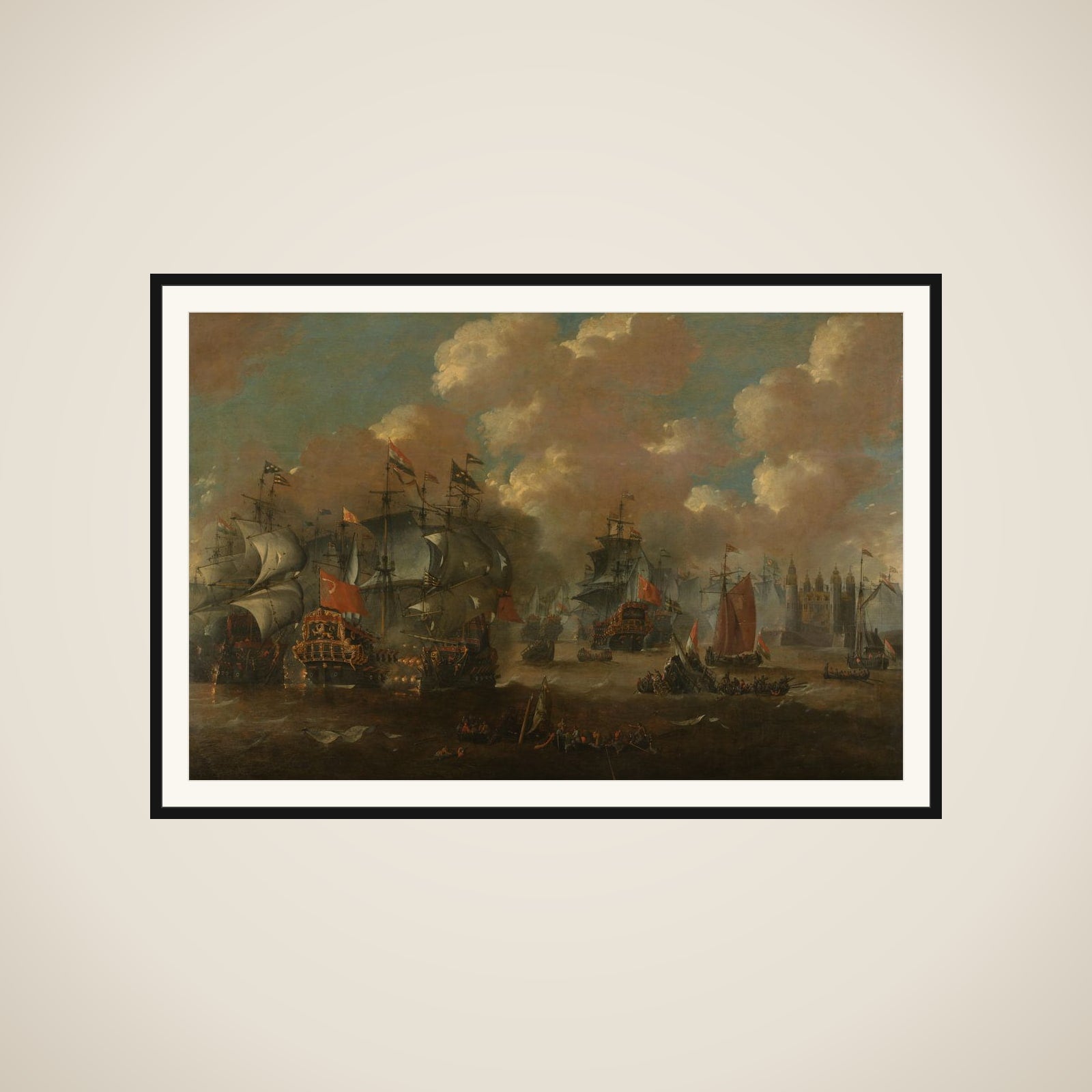 The Battle of the Sound with the Eendracht Engaging Two Swedish Warships, 1658 framed
