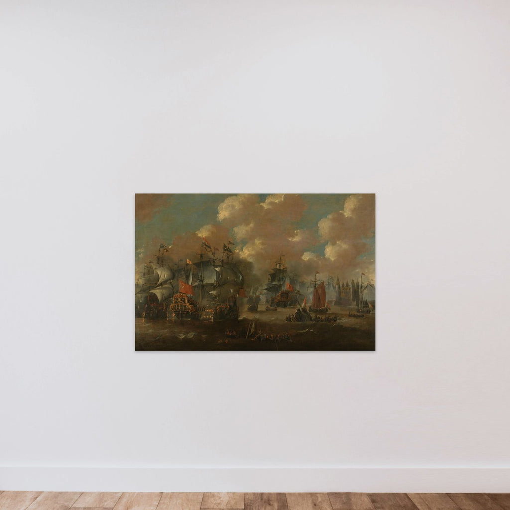 The Battle of the Sound with the Eendracht Engaging Two Swedish Warships, 1658 unframed — shown to scale