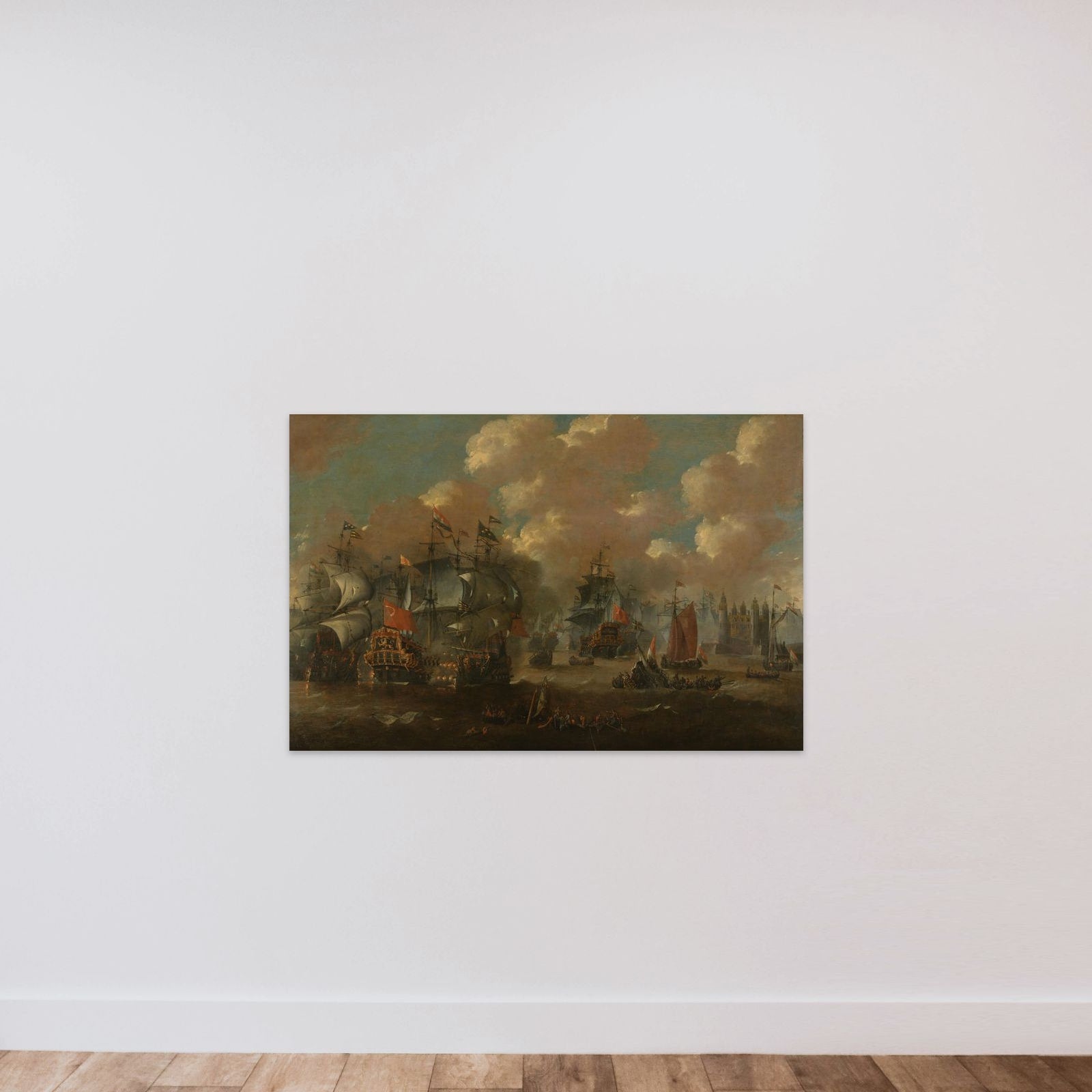 The Battle of the Sound with the Eendracht Engaging Two Swedish Warships, 1658 unframed — shown to scale