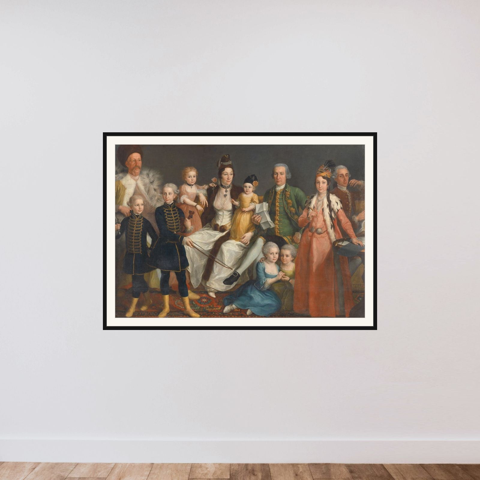 David George van Lennep (1712-97), Senior Merchant of the Dutch Factory at Smyrna, and his Wife and Children framed — shown to scale