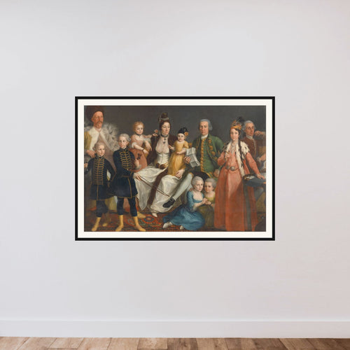 David George van Lennep (1712-97), Senior Merchant of the Dutch Factory at Smyrna, and his Wife and Children framed — shown to scale