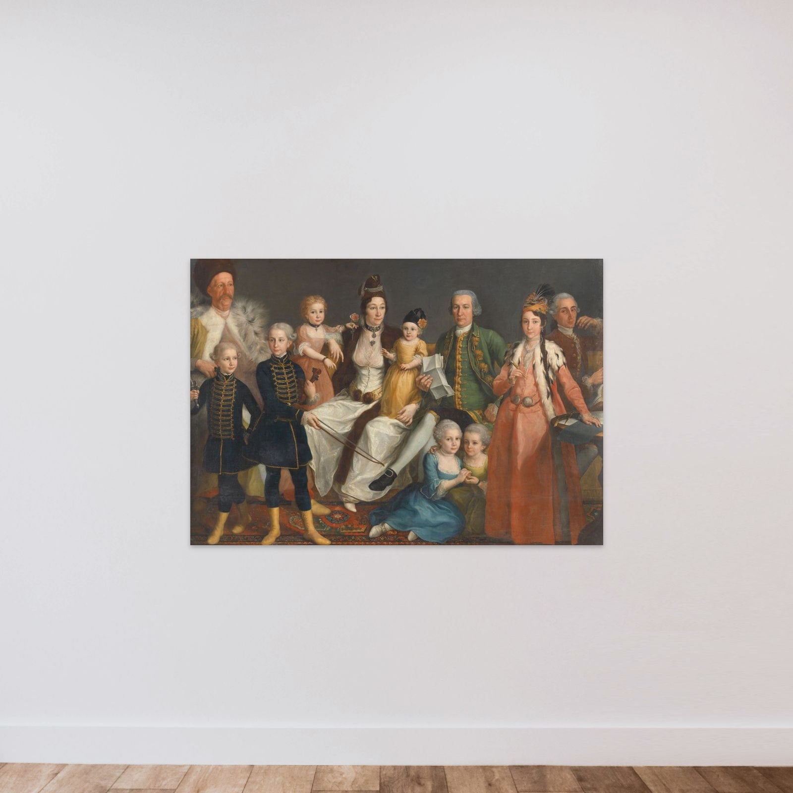 David George van Lennep (1712-97), Senior Merchant of the Dutch Factory at Smyrna, and his Wife and Children unframed — shown to scale