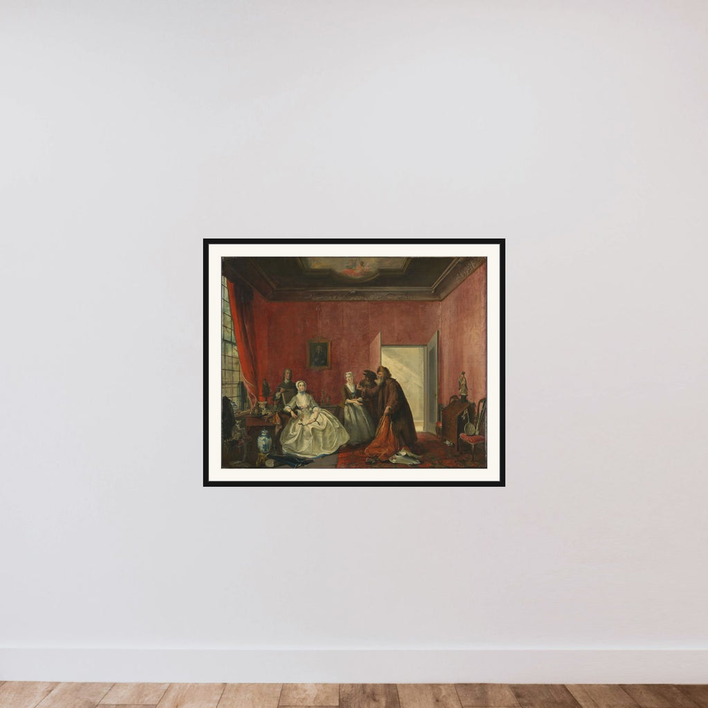The Spendthrift or the Wasteful Woman, act III, scene V, from the Play by Thomas Asselijn (Joanna and the Polish Jewish Traders) framed — shown to scale