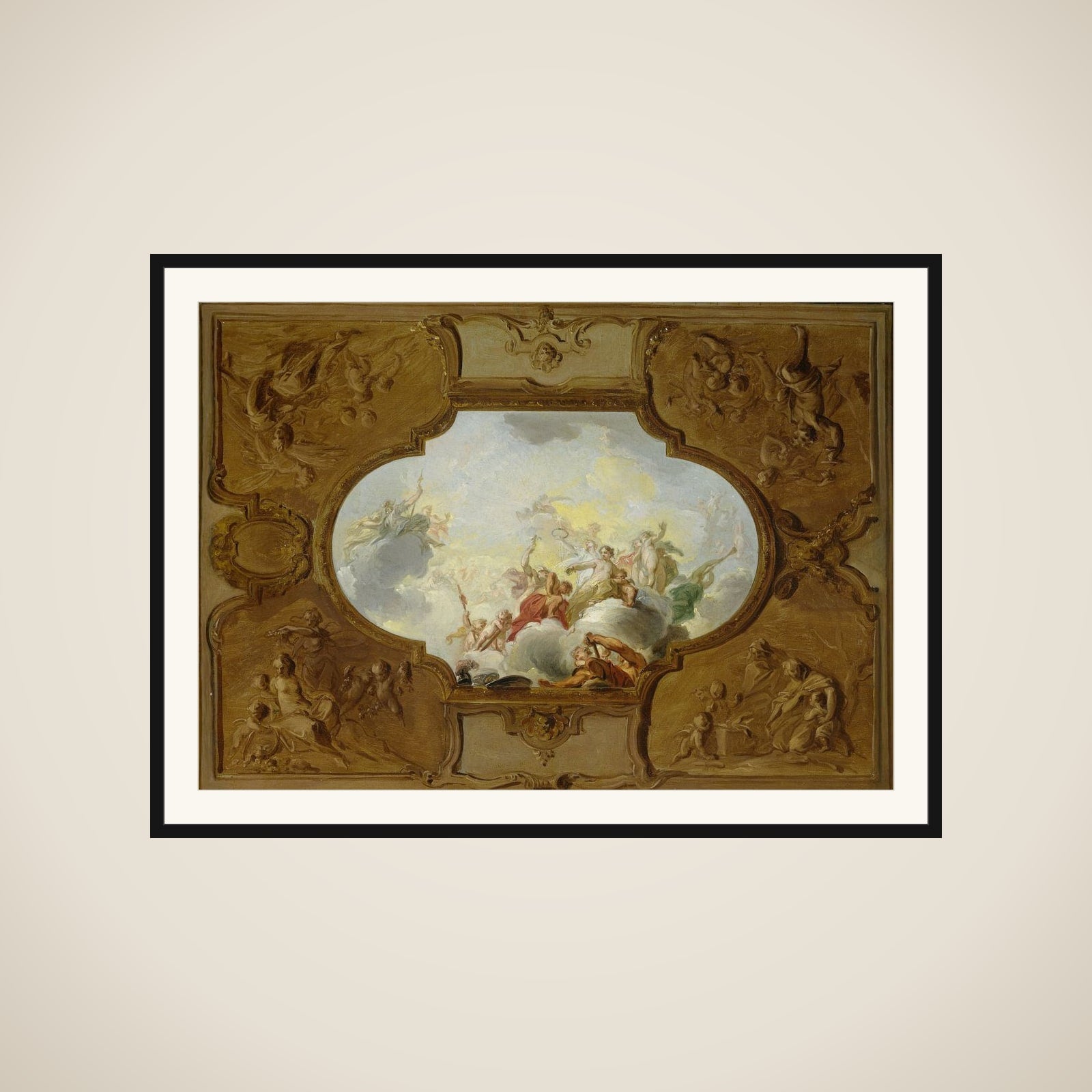 Design for a ceiling painting with the Apotheosis of Aeneas, in the corners the Four Seasons framed