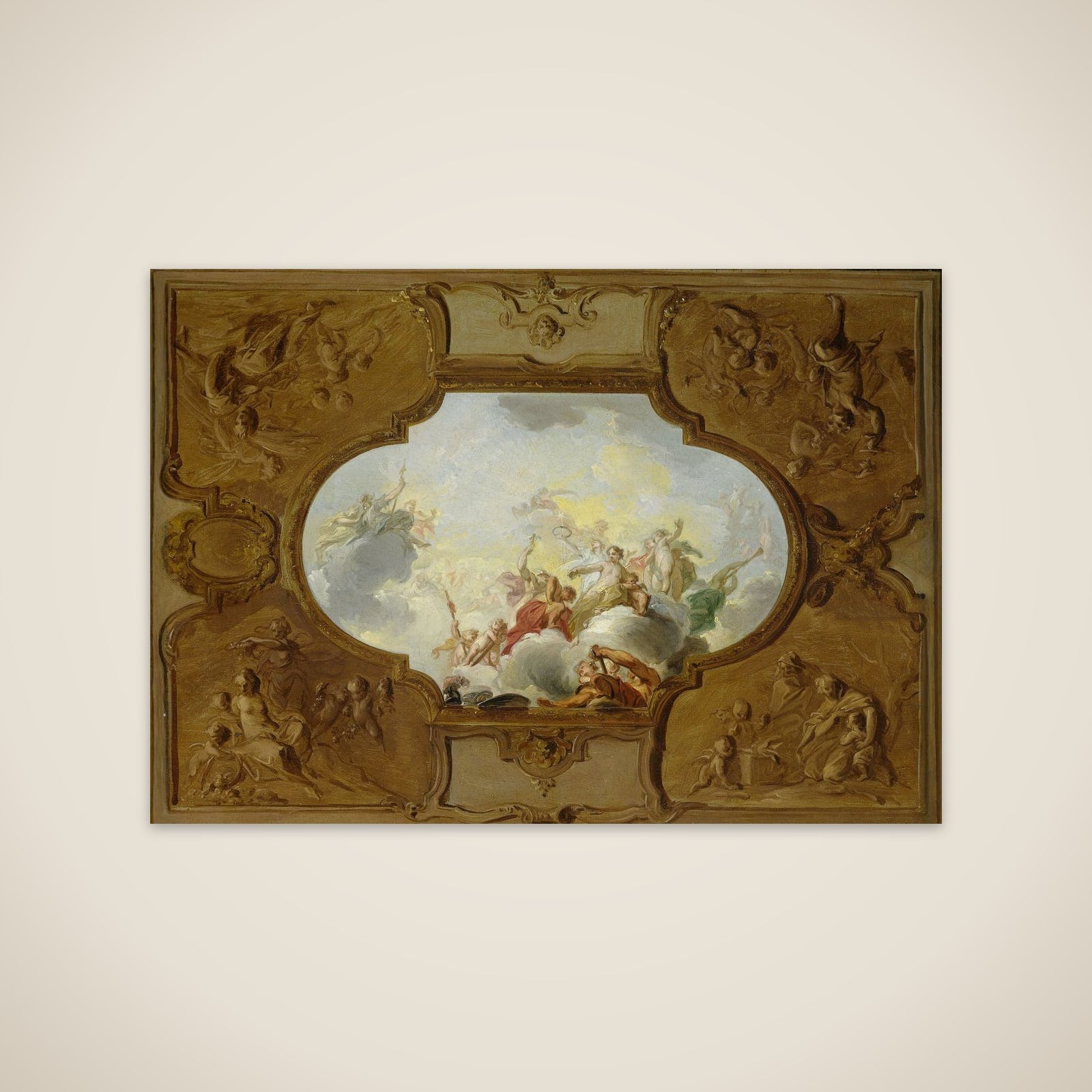 Design for a ceiling painting with the Apotheosis of Aeneas, in the corners the Four Seasons unframed print