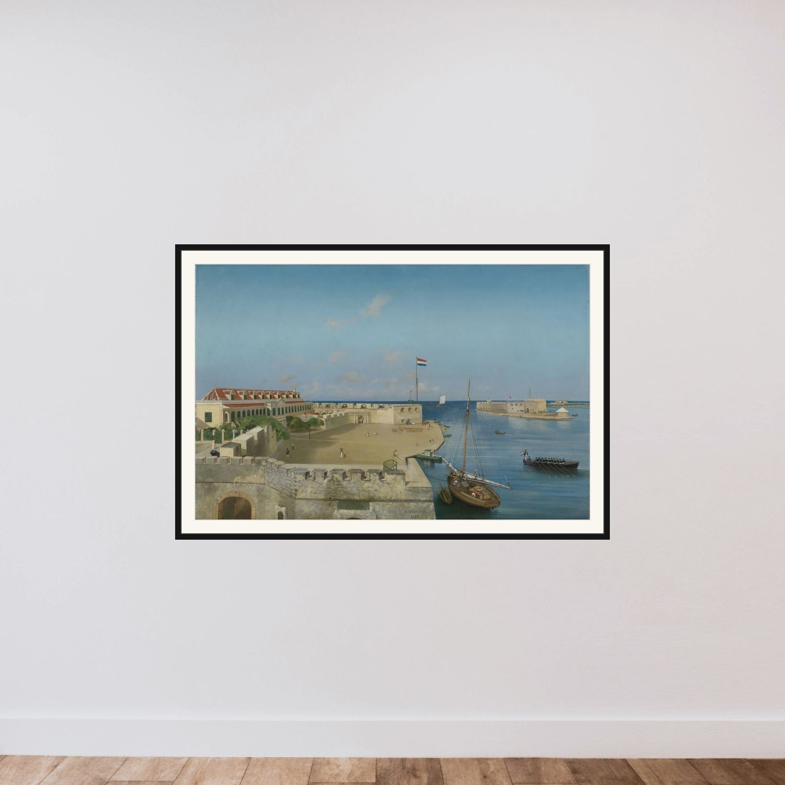 De haveningang van Willemstad met het Gouvernementspaleis framed — shown to scale