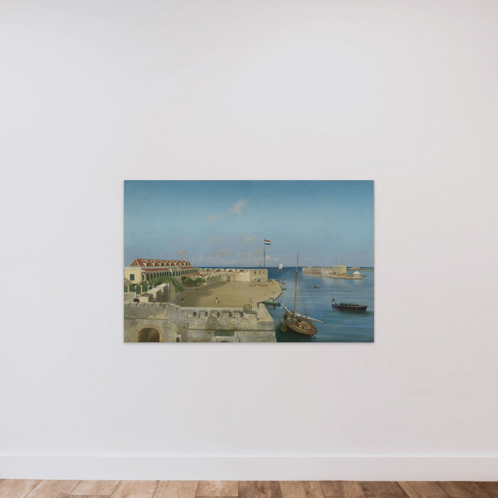 De haveningang van Willemstad met het Gouvernementspaleis unframed — shown to scale