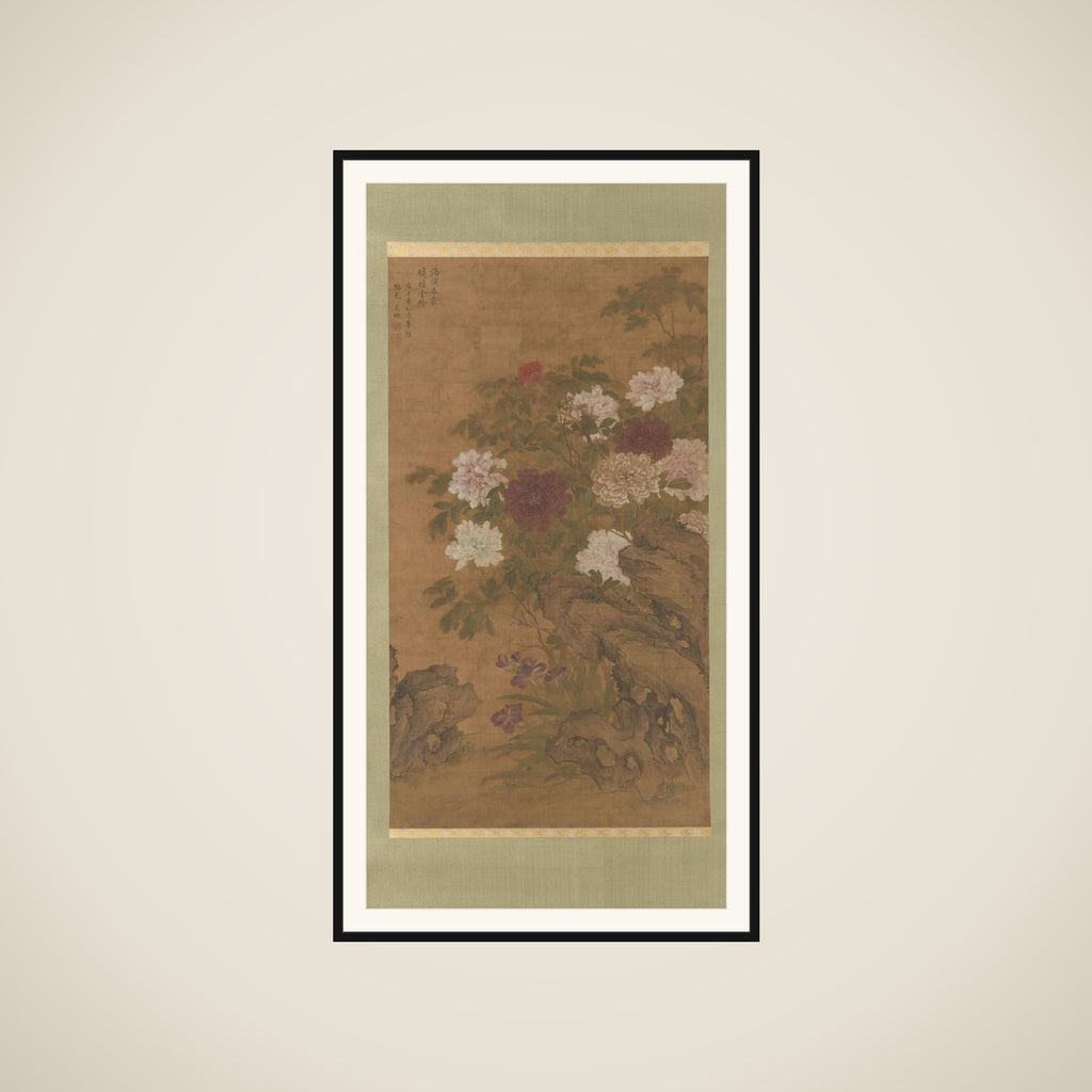 Peonies and Irises on a Rock framed