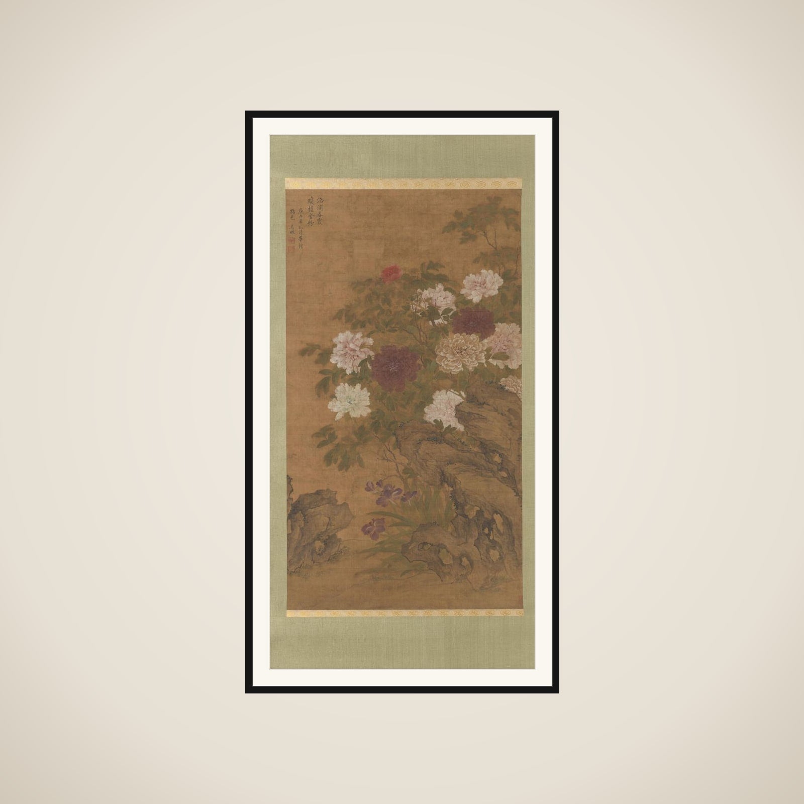Peonies and Irises on a Rock framed