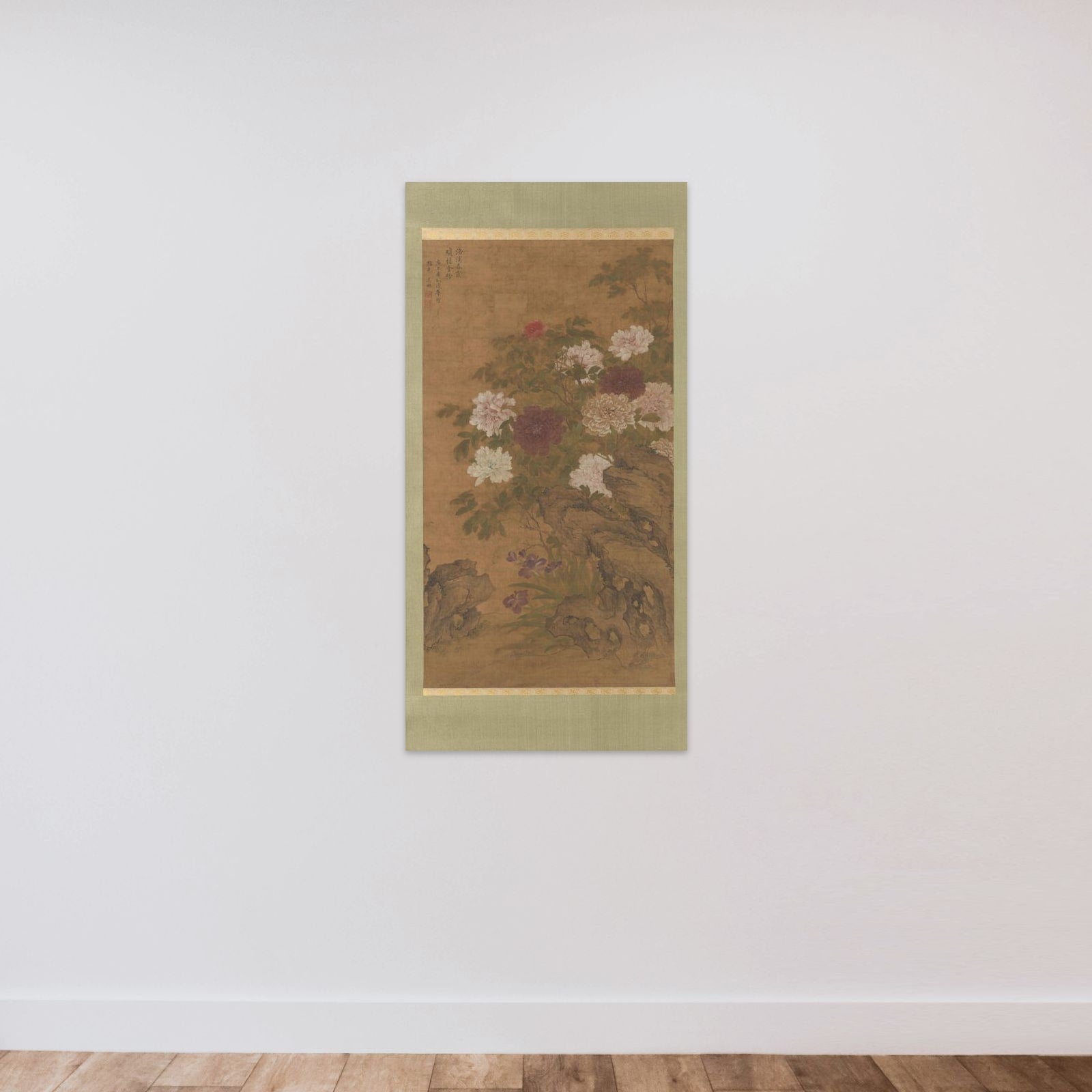 Peonies and Irises on a Rock unframed — shown to scale
