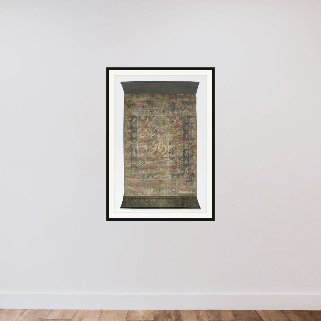 Schildering op doek van Vasudhara framed — shown to scale