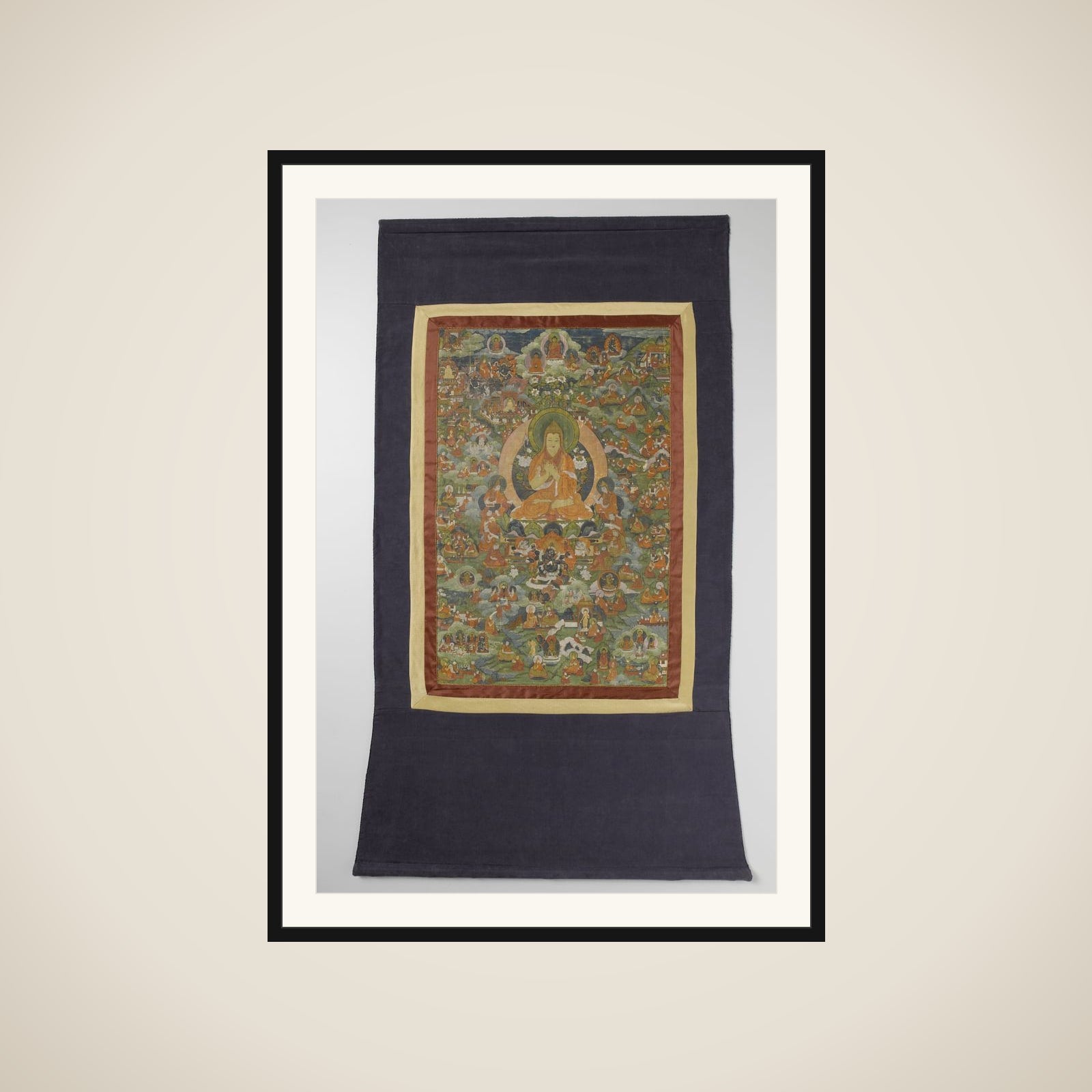 Thang-ka, centrale figuur Tsong-kha-pa framed