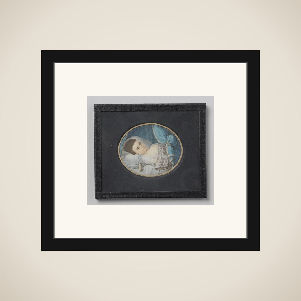Portrait of een ziek girl in bed liggend framed