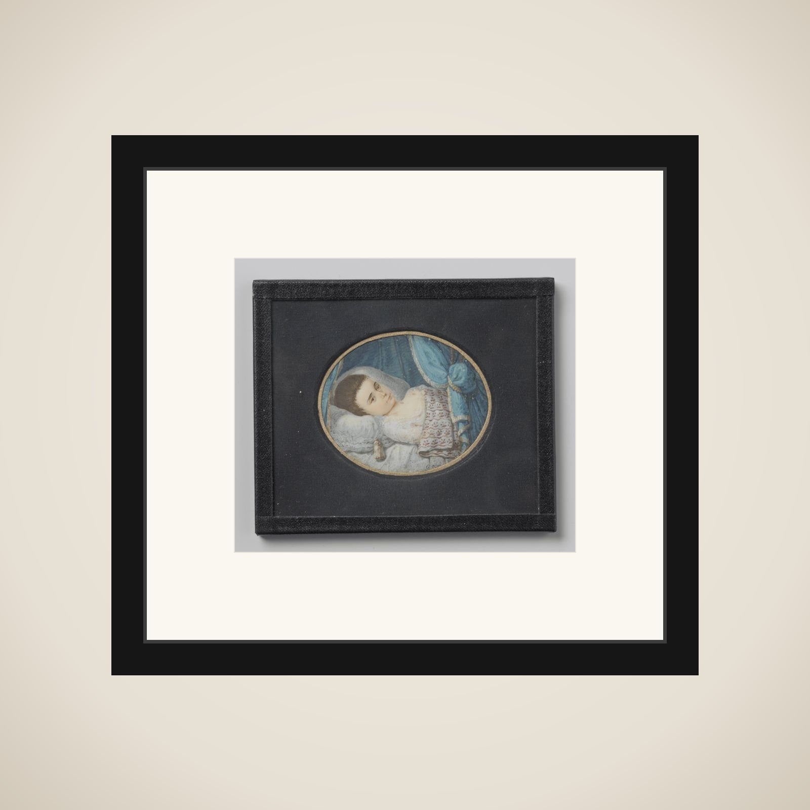 Portrait of een ziek girl in bed liggend framed