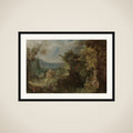 Hunter and Horsemen on a Wooded Road, with a Village in a Valley beyond framed