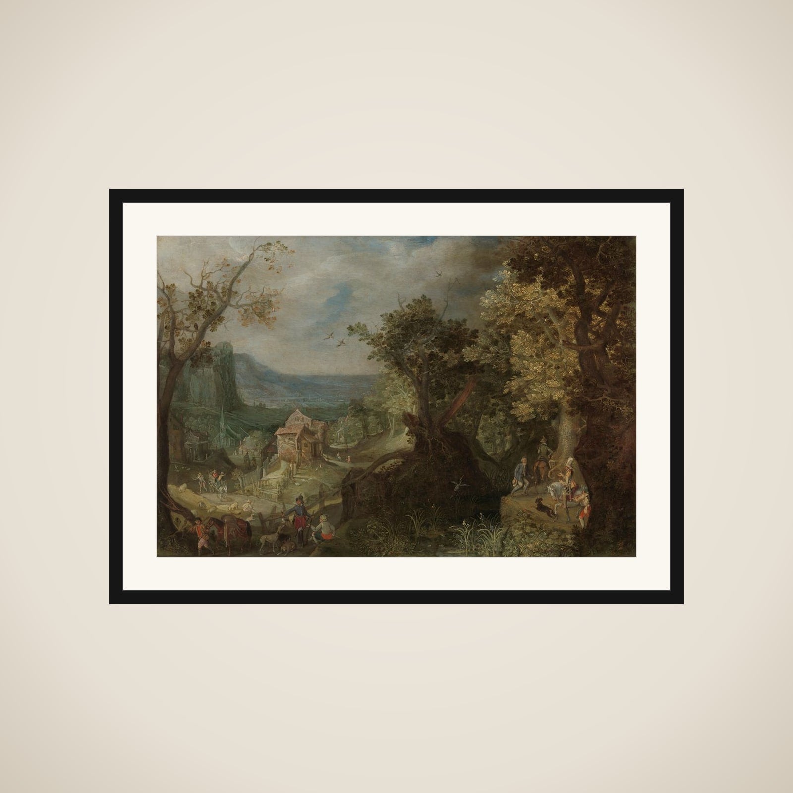 Hunter and Horsemen on a Wooded Road, with a Village in a Valley beyond framed
