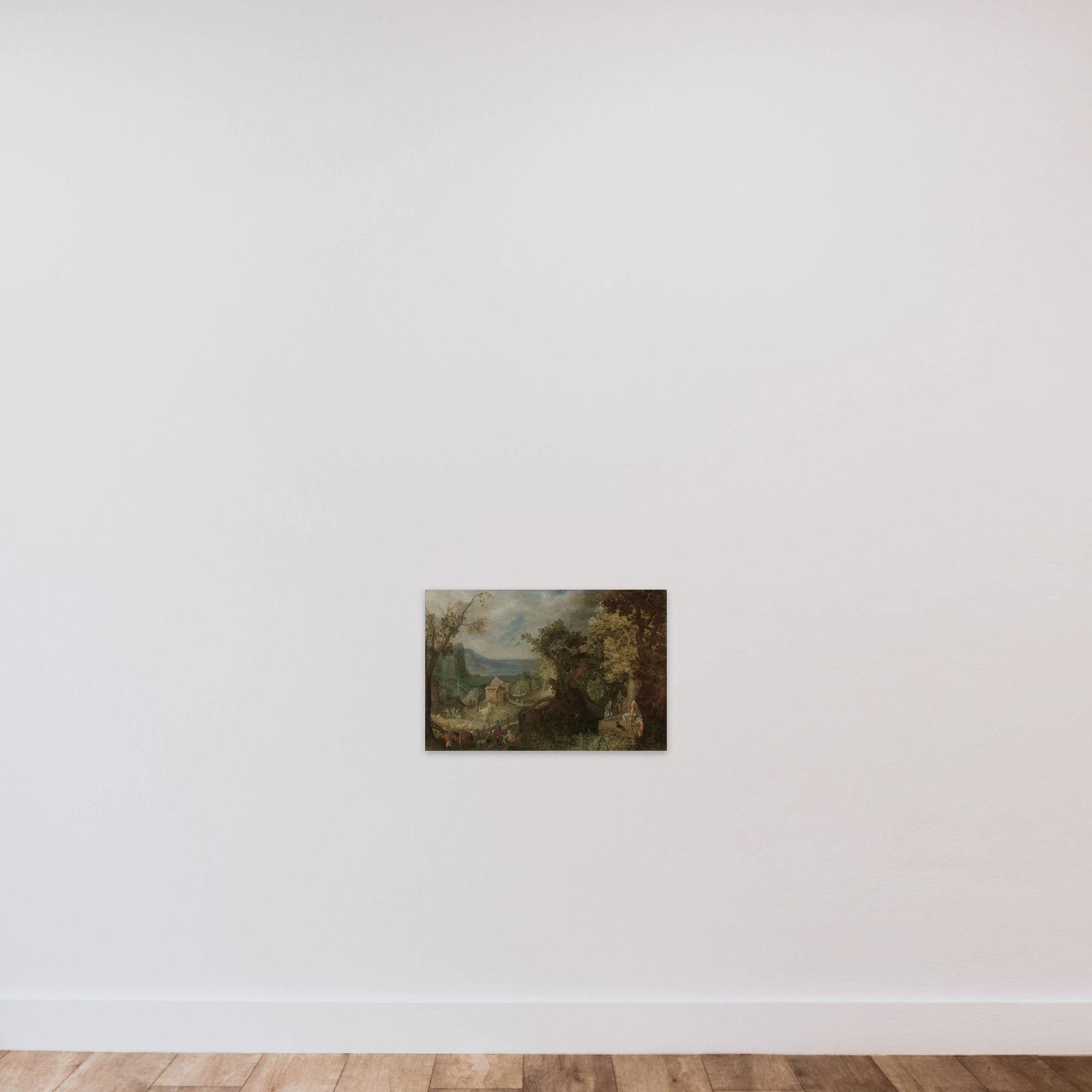 Hunter and Horsemen on a Wooded Road, with a Village in a Valley beyond unframed — shown to scale