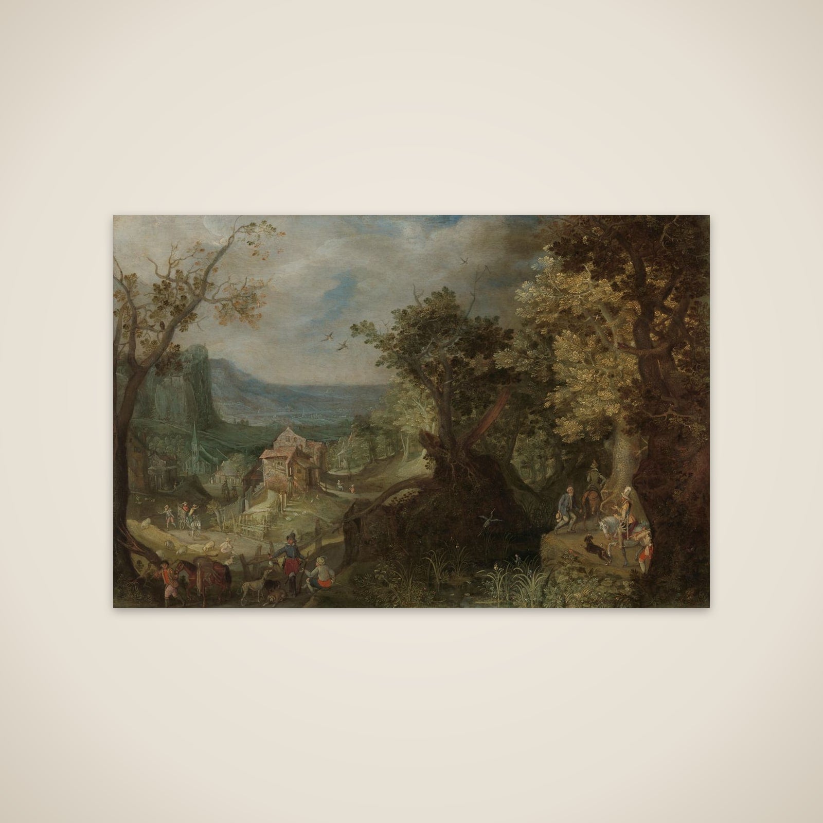 Hunter and Horsemen on a Wooded Road, with a Village in a Valley beyond unframed print
