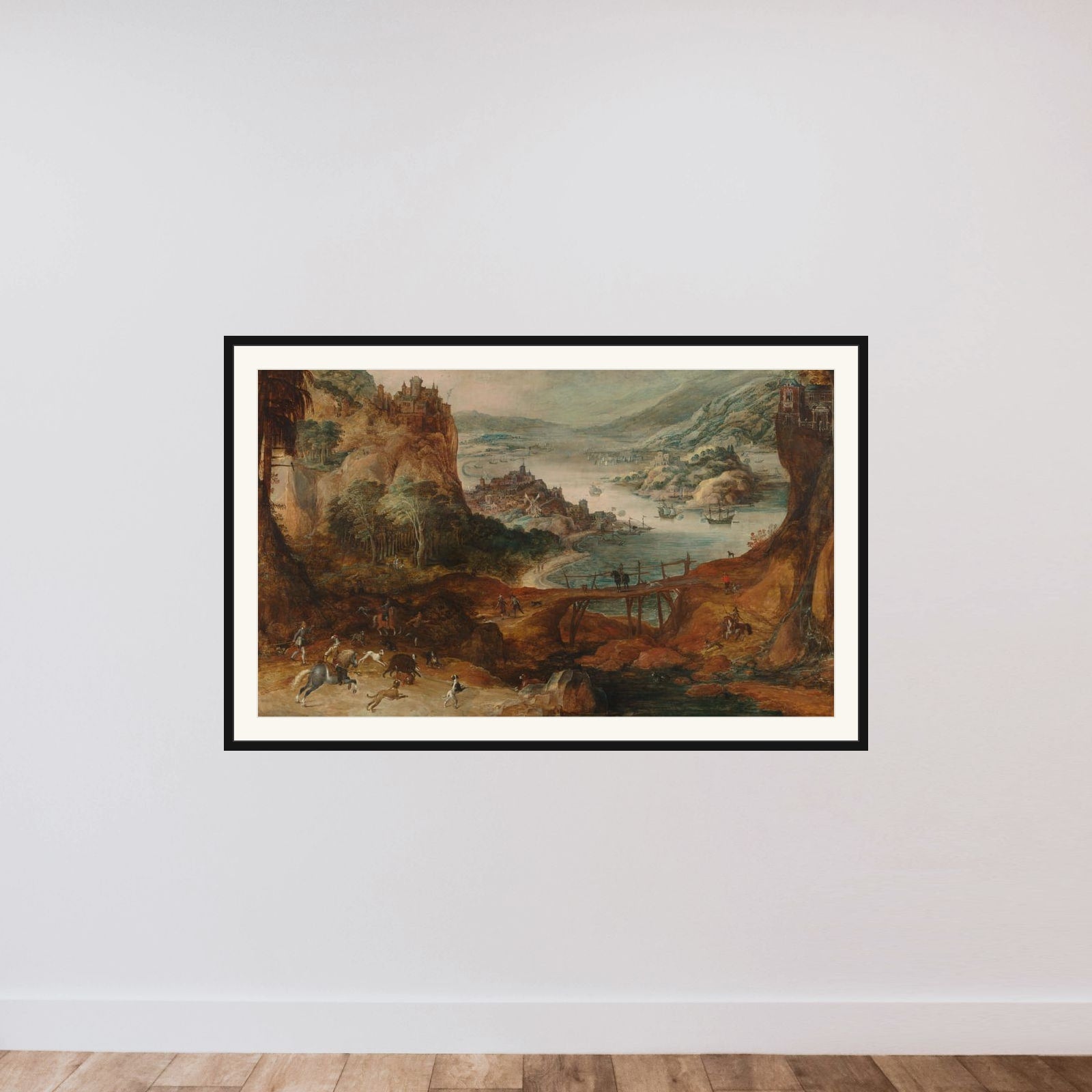 River Landscape with Boar Hunt framed — shown to scale