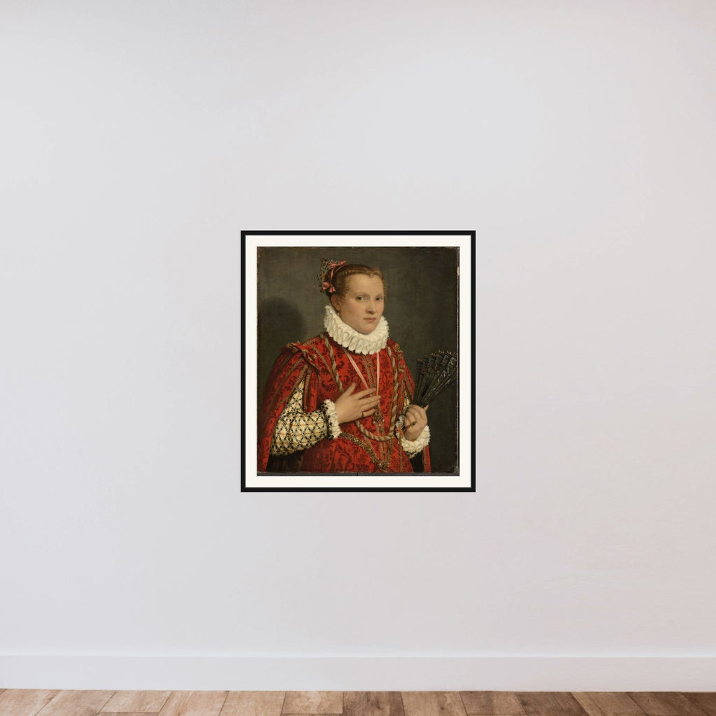 Portrait of a young woman holding a fan framed — shown to scale