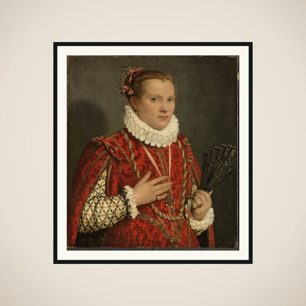 Portrait of a young woman holding a fan framed