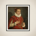 Portrait of a young woman holding a fan framed