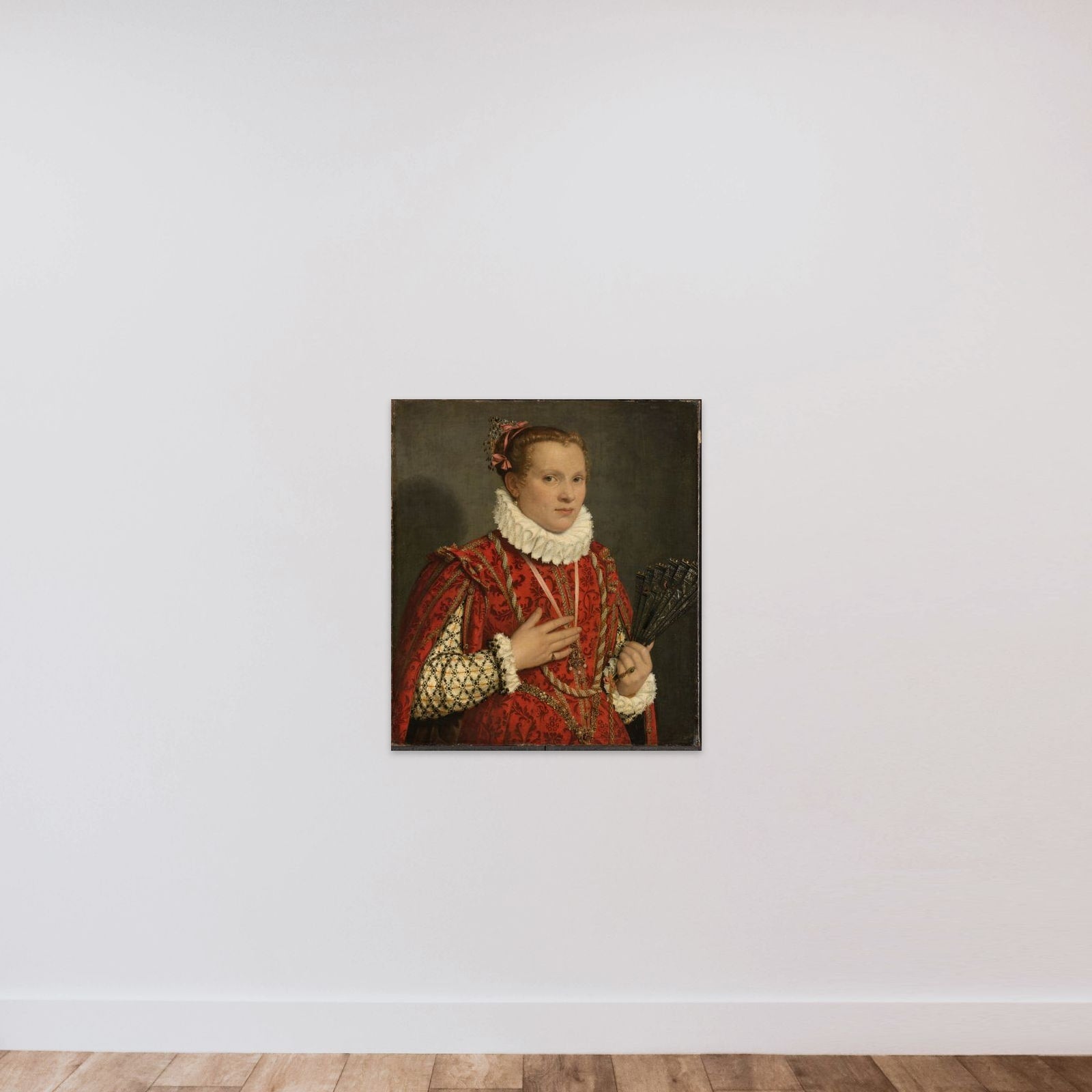 Portrait of a young woman holding a fan unframed — shown to scale