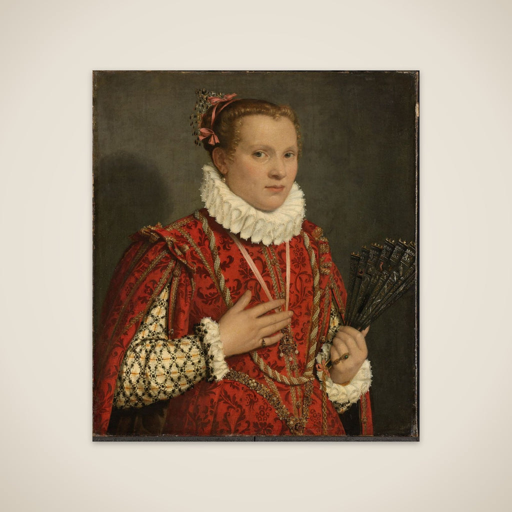 Portrait of a young woman holding a fan unframed print