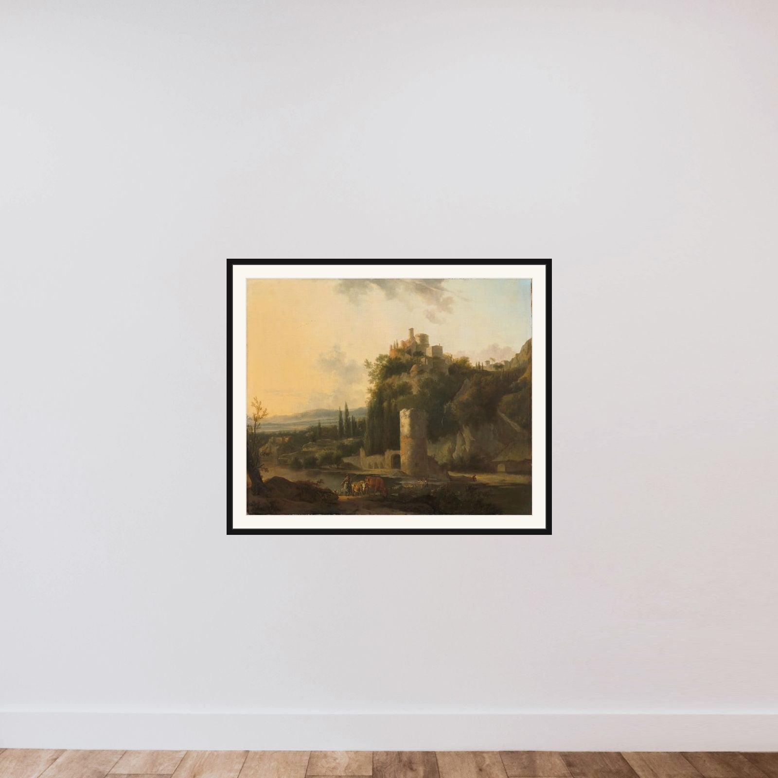 Italina landscape with round tower framed — shown to scale