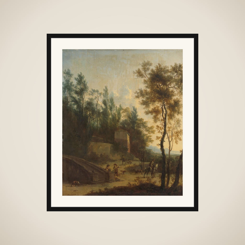 Italian Landscape with Hunters framed