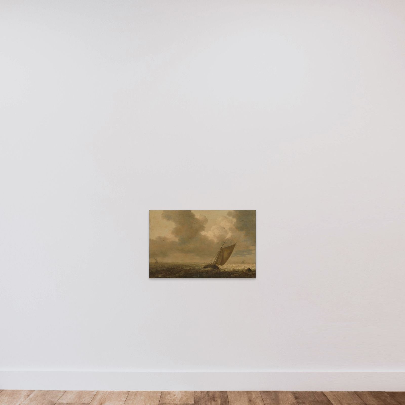 Fishing boat with the wind in the sails unframed — shown to scale