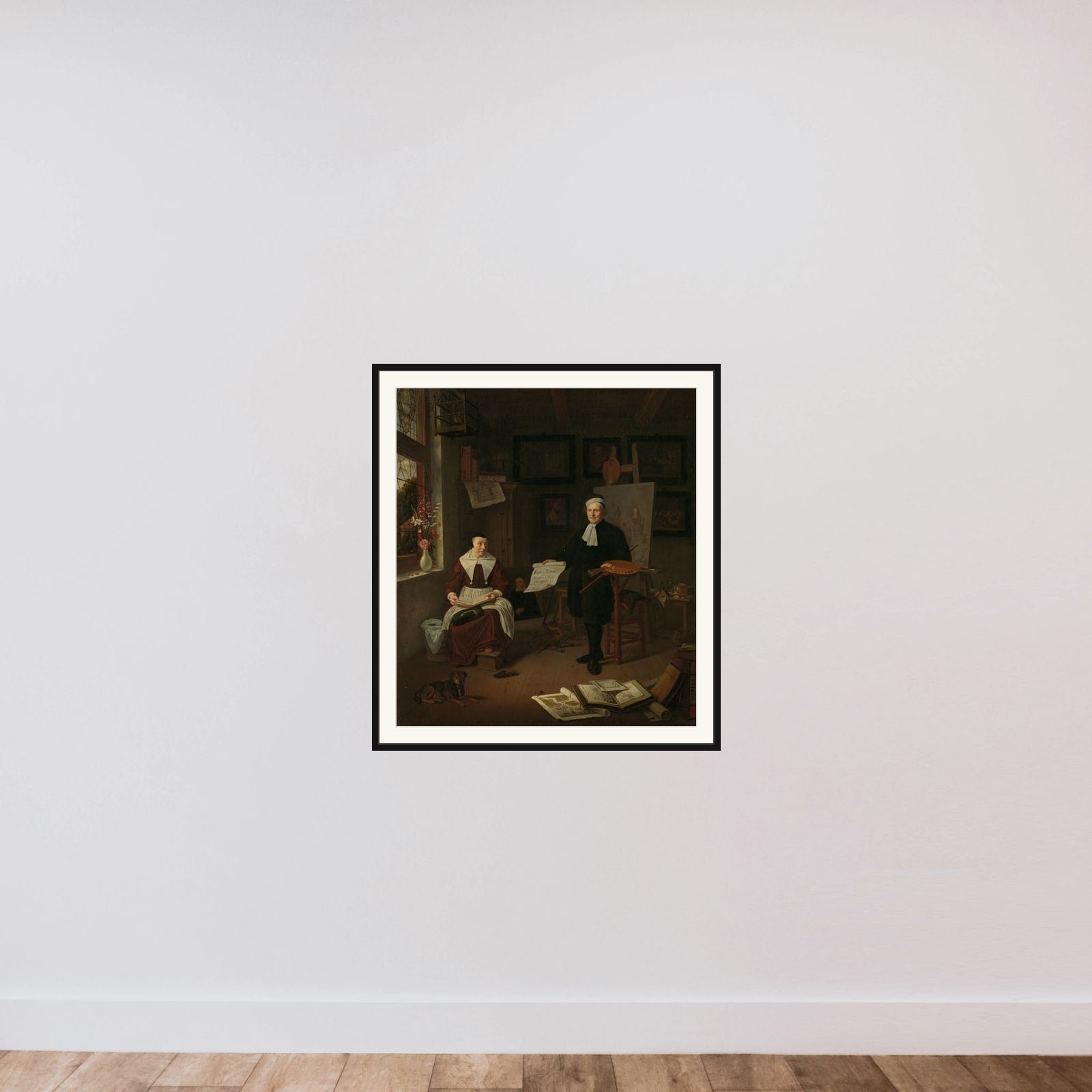 Portrait of Michiel Comans (1614-1687), calligrapher, etcher, painter and schoolmaster, with his third wife Elisabeth van der Mersche framed — shown to scale