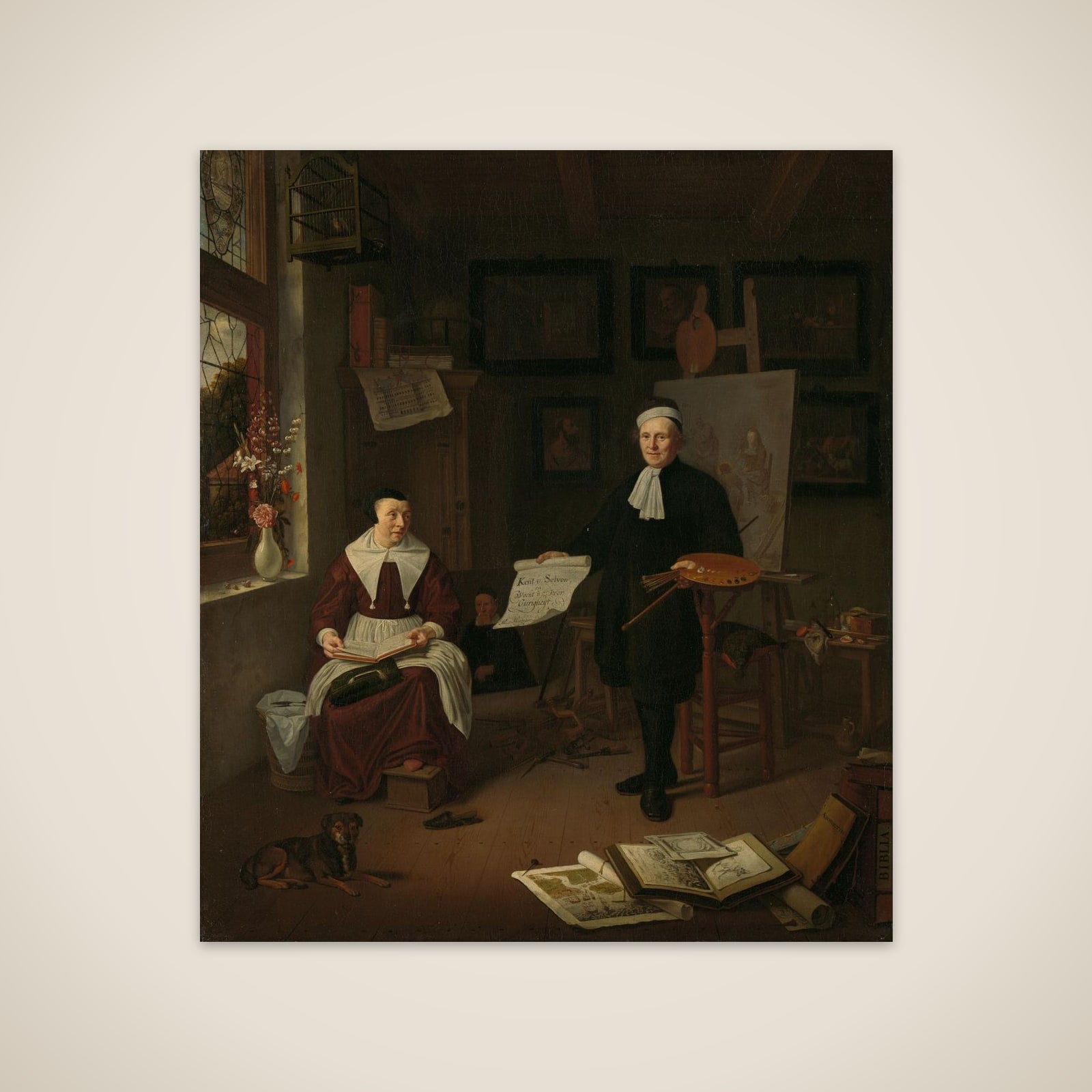 Portrait of Michiel Comans (1614-1687), calligrapher, etcher, painter and schoolmaster, with his third wife Elisabeth van der Mersche unframed print