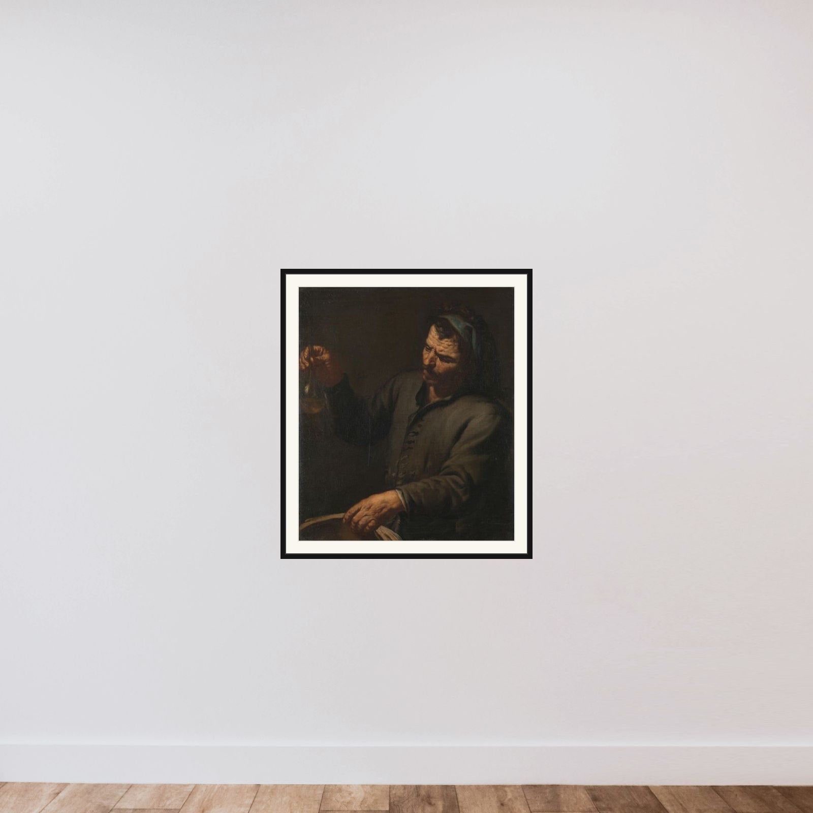 Man with Urine Bottle in his Hand framed — shown to scale