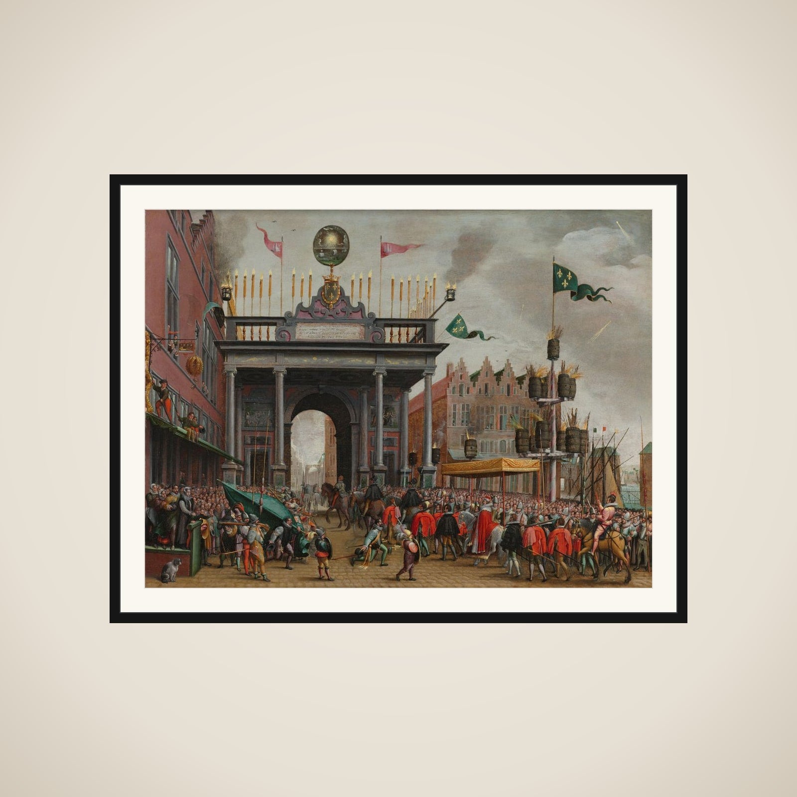 The Joyous Entry of François, Duke of Anjou (1556-1584), into Antwerp with a Triumphal Arch on St. Jan's Bridge, 19 February 1582 framed