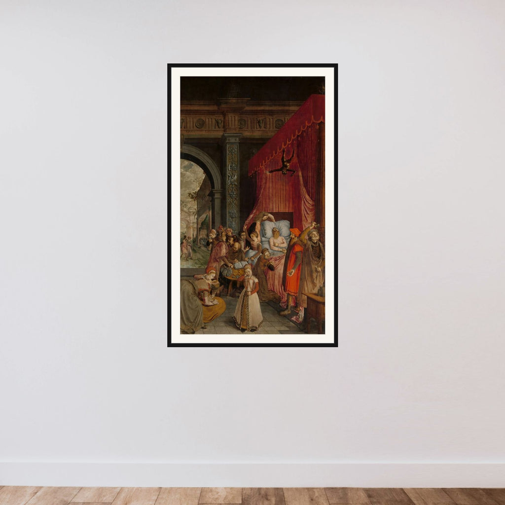 Deathbed of the Rich Man, with a Devil Descending to Retrieve the Deceased's Soul framed — shown to scale