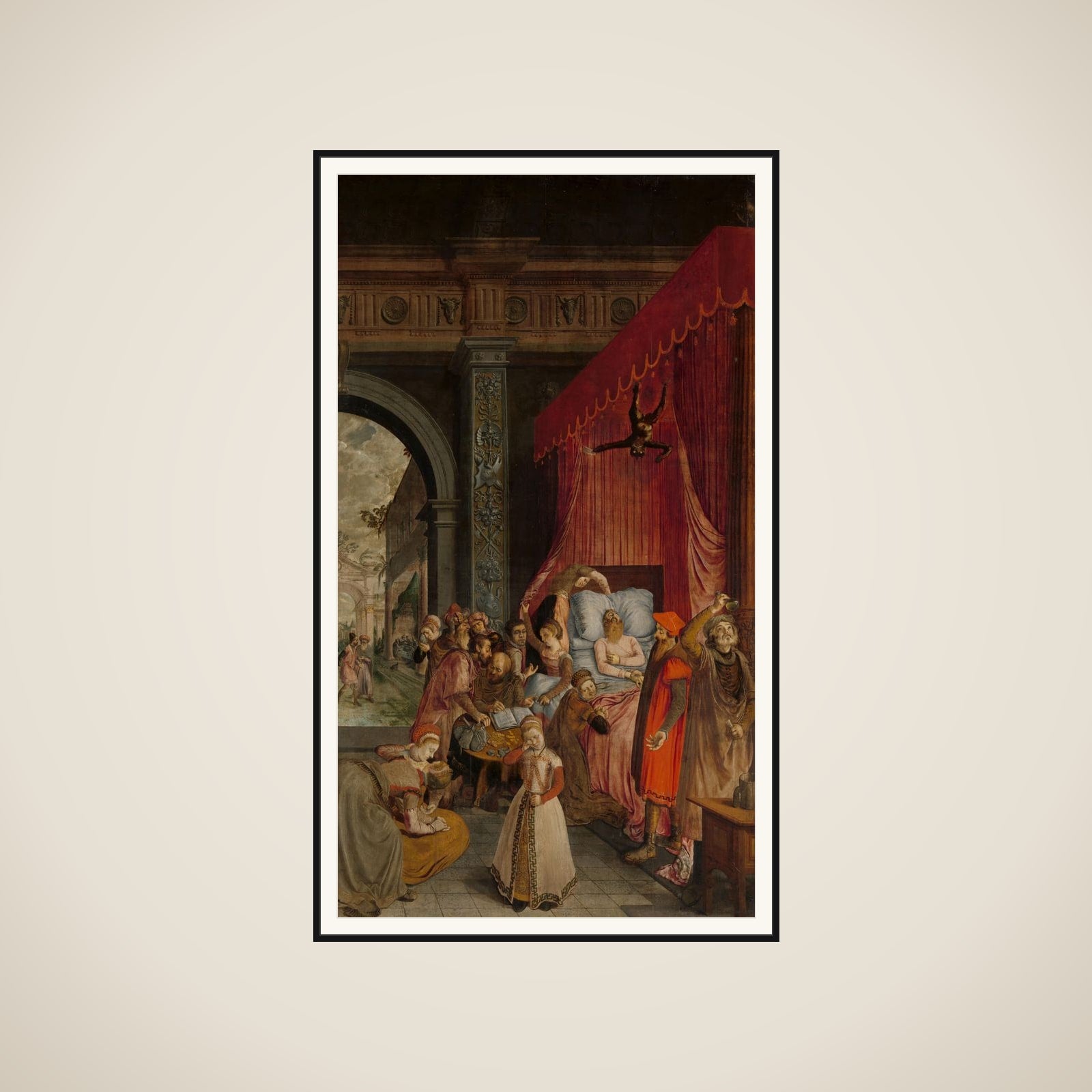 Deathbed of the Rich Man, with a Devil Descending to Retrieve the Deceased's Soul framed