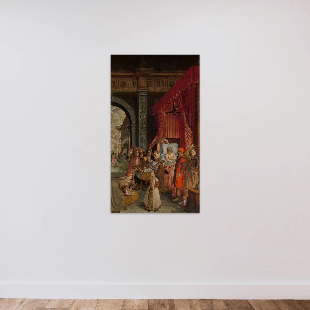 Deathbed of the Rich Man, with a Devil Descending to Retrieve the Deceased's Soul unframed — shown to scale